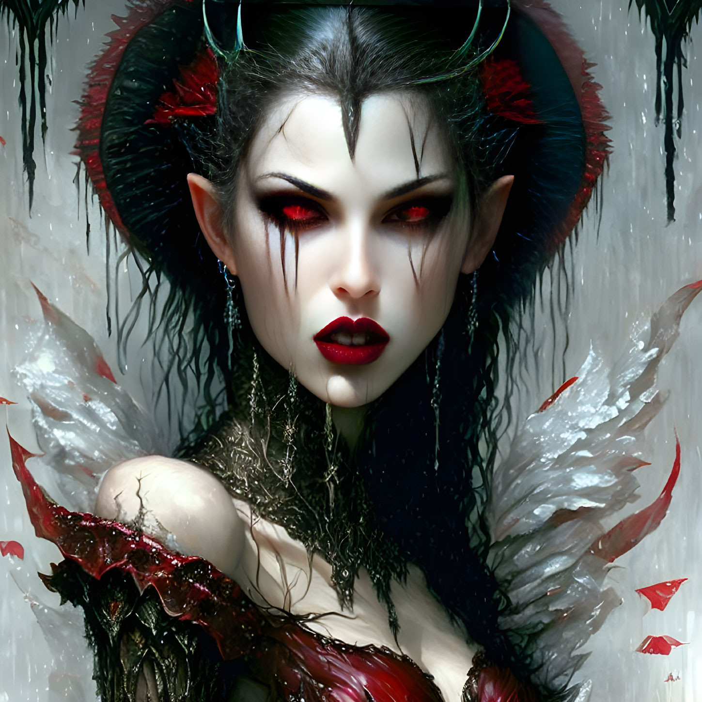 Fantasy Art: Pale-skinned Female Figure with Pointed Ears, Red Eyes, Feathered