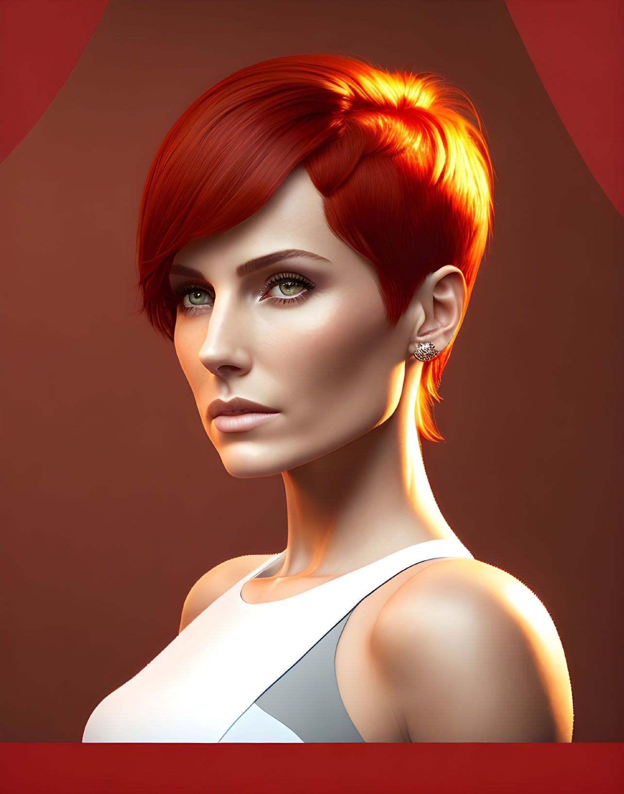 Vibrant red hair woman in sleek pixie cut with striking makeup
