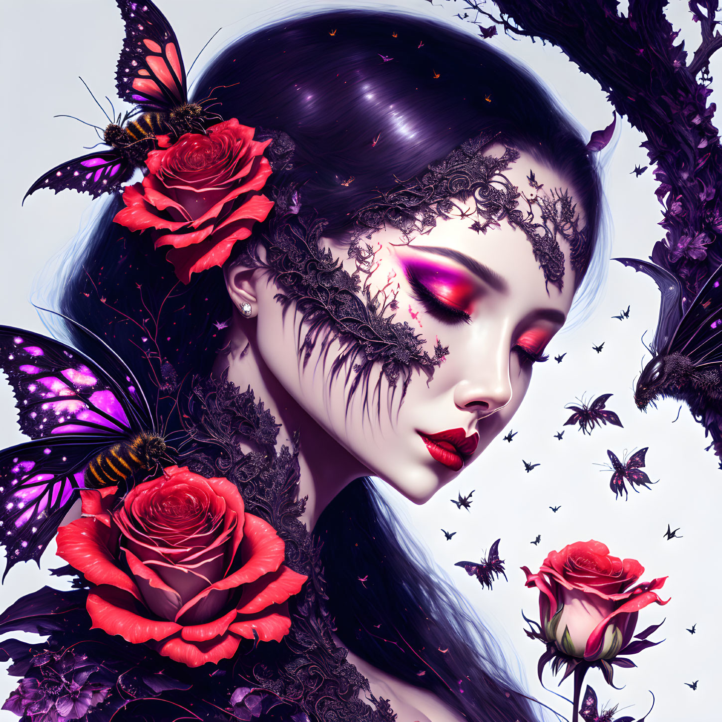 Woman with Roses and Butterflies: Dark Hair, Vibrant Makeup, Serene Expression