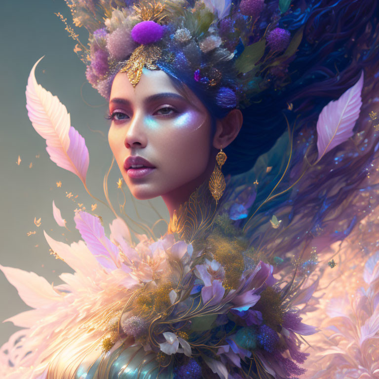 Person with Vibrant Feather and Floral Adornments: Ethereal and Regal Portrait