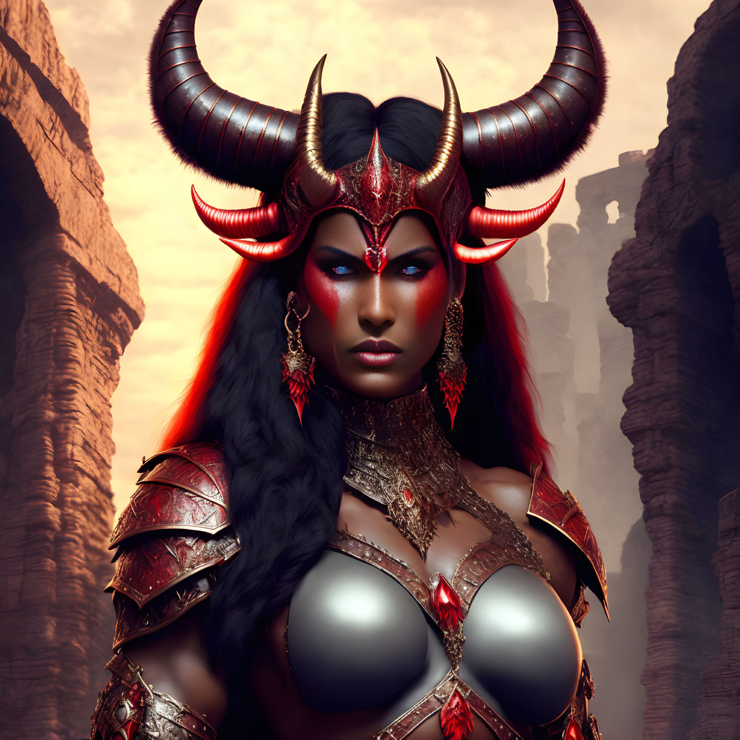 Red-skinned warrior woman with black horns and intricate armor in rocky setting