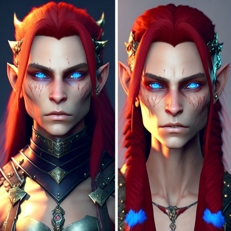 Fantasy character with pointed ears, red hair, and blue eyes in split image