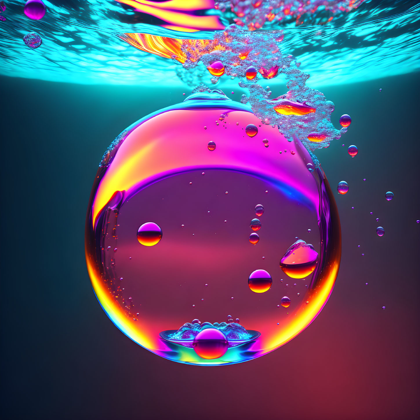 Colorful Digital Artwork of Iridescent Bubble Underwater