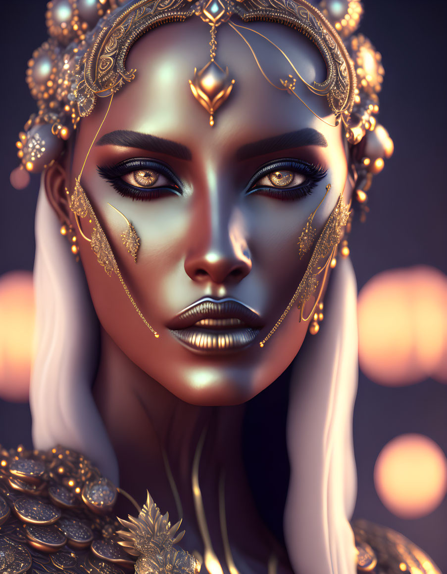 Woman with Metallic Golden Makeup and Ornate Headpiece on Bokeh Light Background