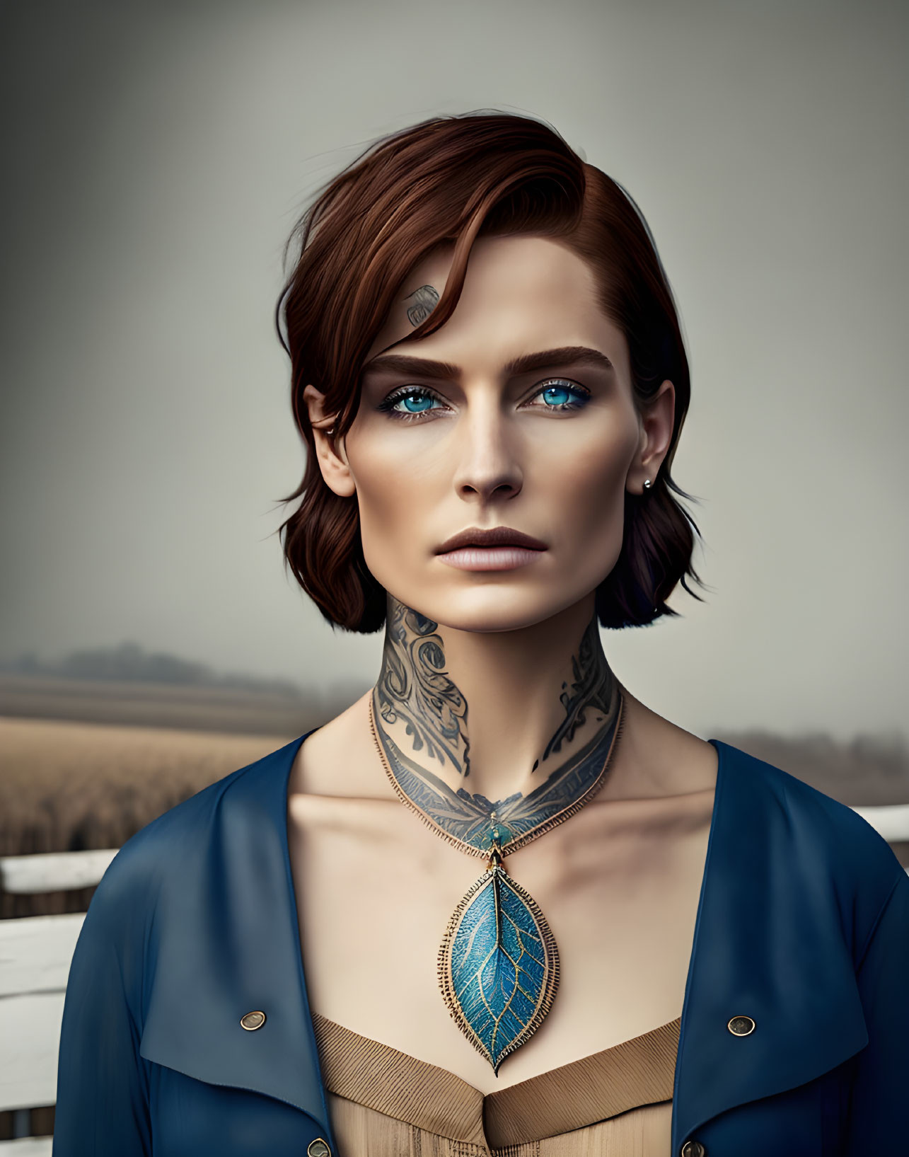 Digital portrait of woman with short brown hair, blue eyes, neck tattoo, and pendant in rural setting