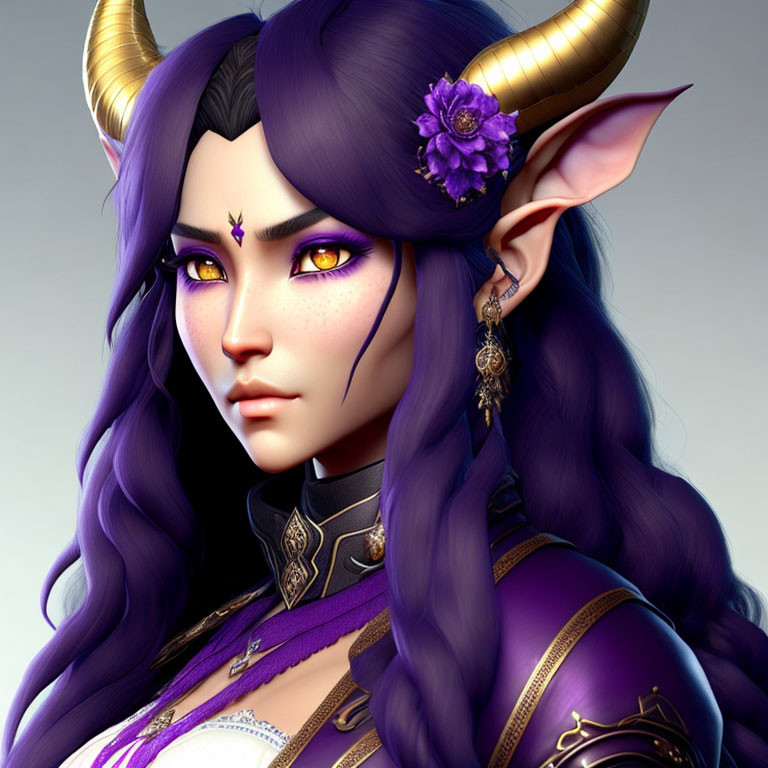 Female character with purple hair, pointed ears, horns, golden eyes, and floral accessory