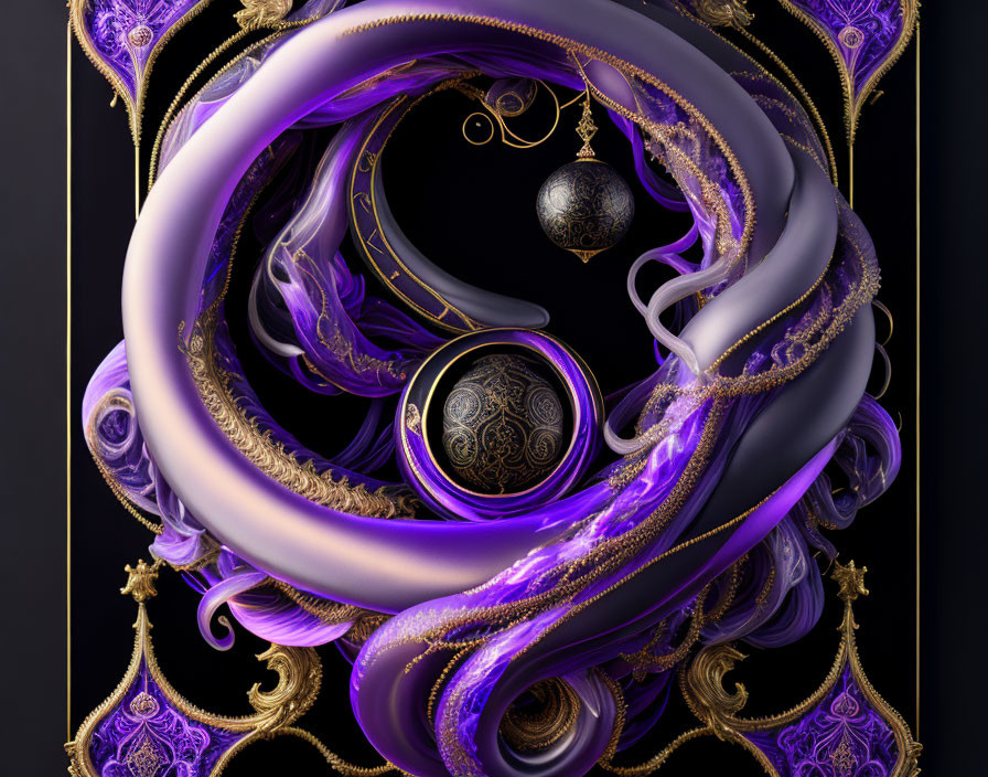 3D fractal art with swirling purple and gold patterns and ornate spheres
