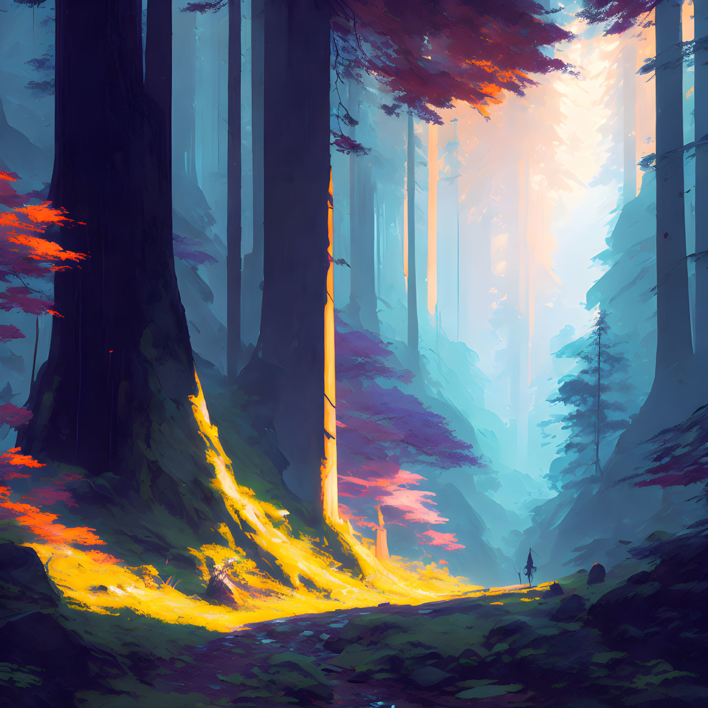 Lush forest with tall trees, sunlit path, colorful foliage, and small figure.