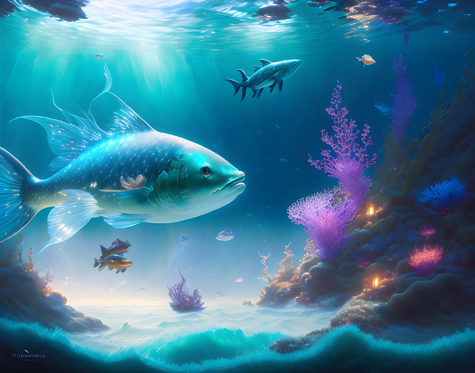 Large fish surrounded by smaller fish, coral reefs, and light beams in underwater scene