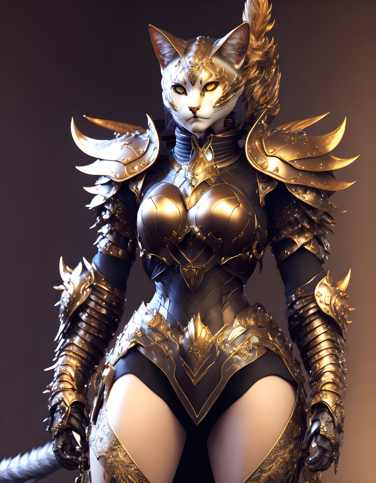 3D humanoid figure with cat head in gold and black armor on neutral background