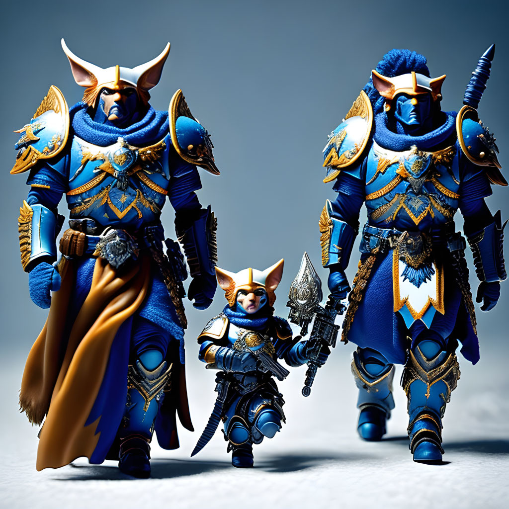 Detailed anthropomorphic warrior cat figurines in blue and gold armor, wielding weapons.