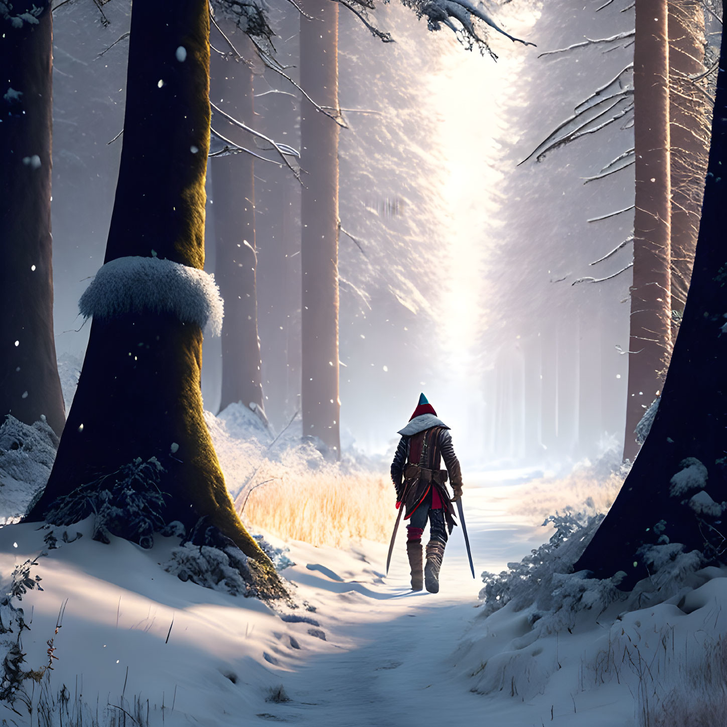 Person in Red Jacket Walking Through Snowy Forest in Soft Sunlight
