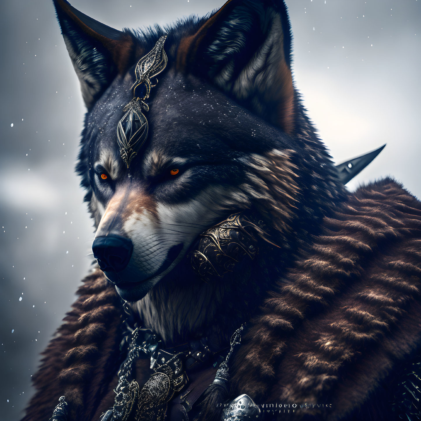 Detailed wolf with red eyes in golden armor against snowy sky.