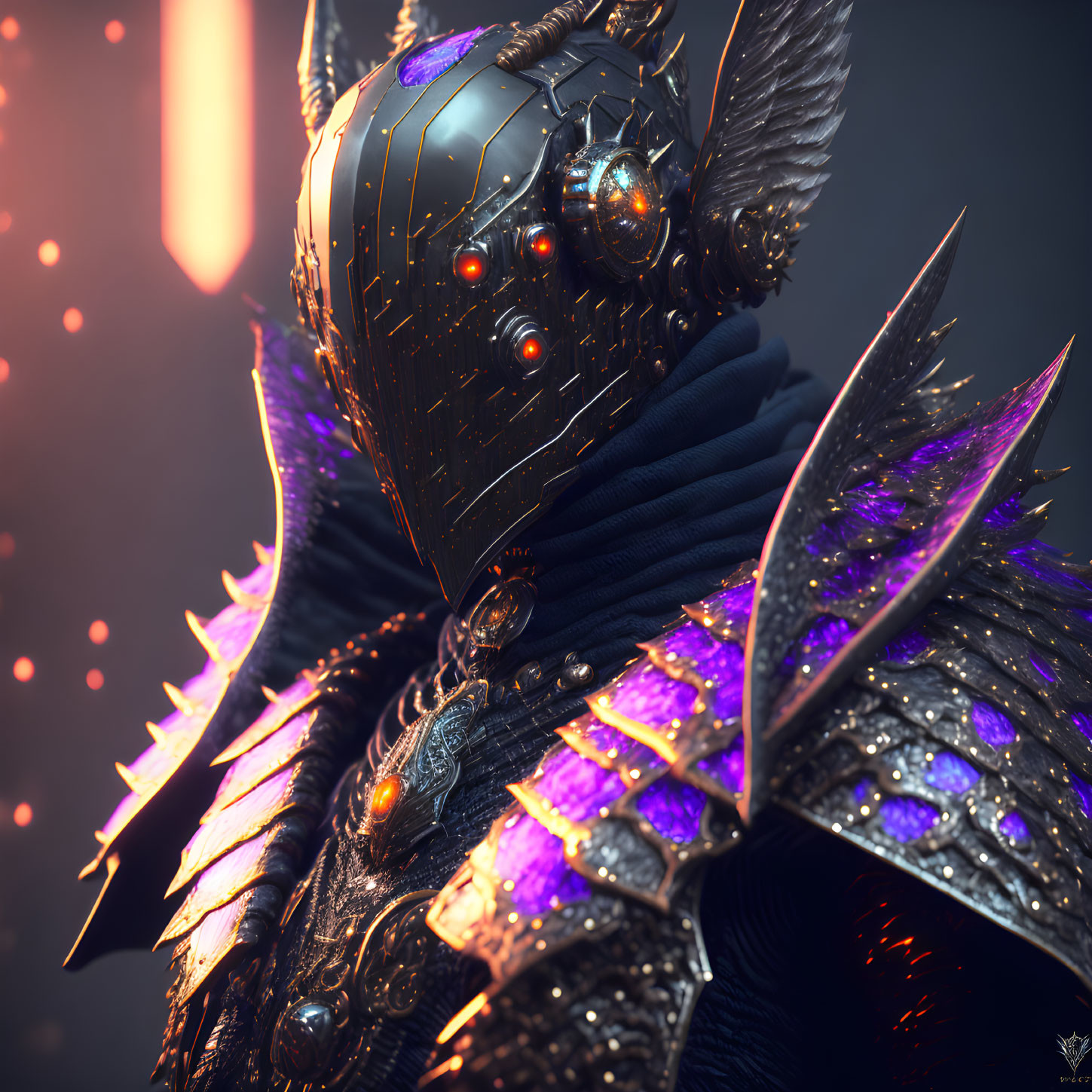 Character with Knight Helmet and Glowing Eyes in Purple Armor