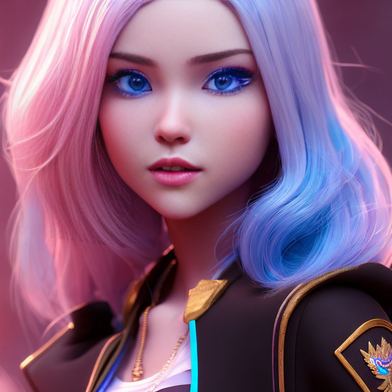 Digital art portrait: Female character with blue eyes, ombre silver to blue hair, black jacket