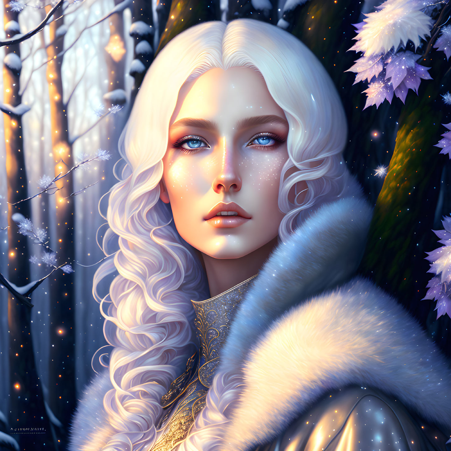 Pale-skinned person with white hair in winter scene with blue eyes, snowflakes, and fur