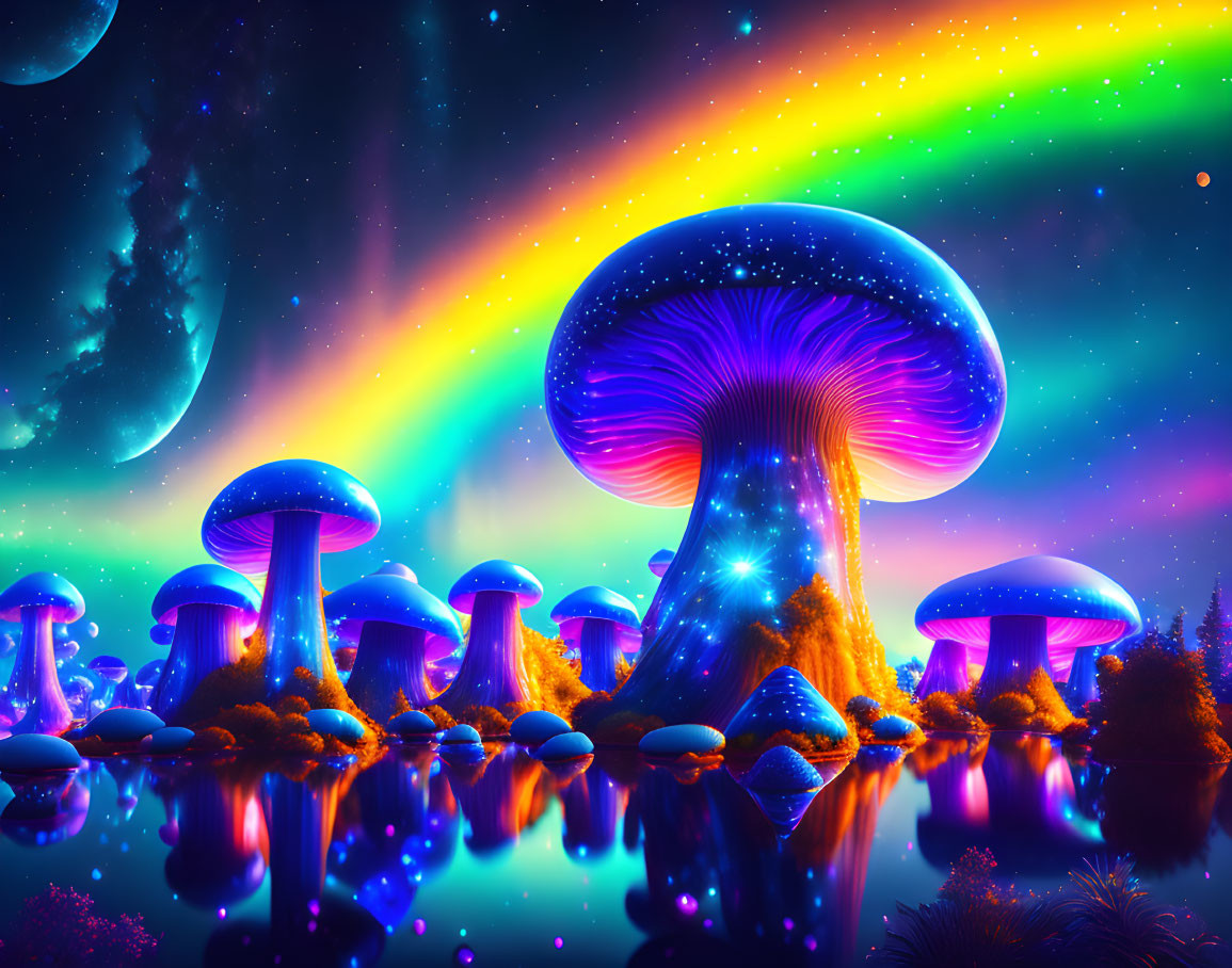 Fantasy landscape with oversized glowing mushrooms under starry sky