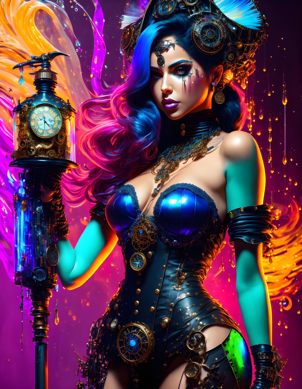 Steampunk-style illustration of woman with gear accessories and blue hair on purple background