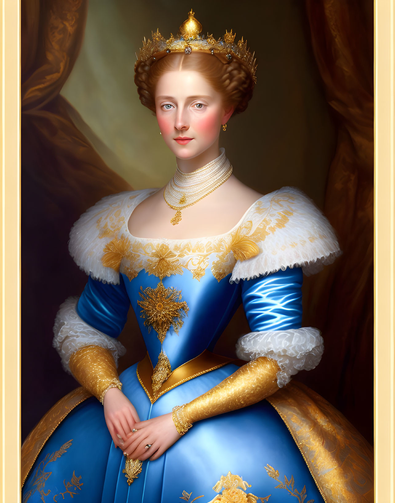 Woman in Royal Blue Dress with Gold Embroidery and Crown Portrait