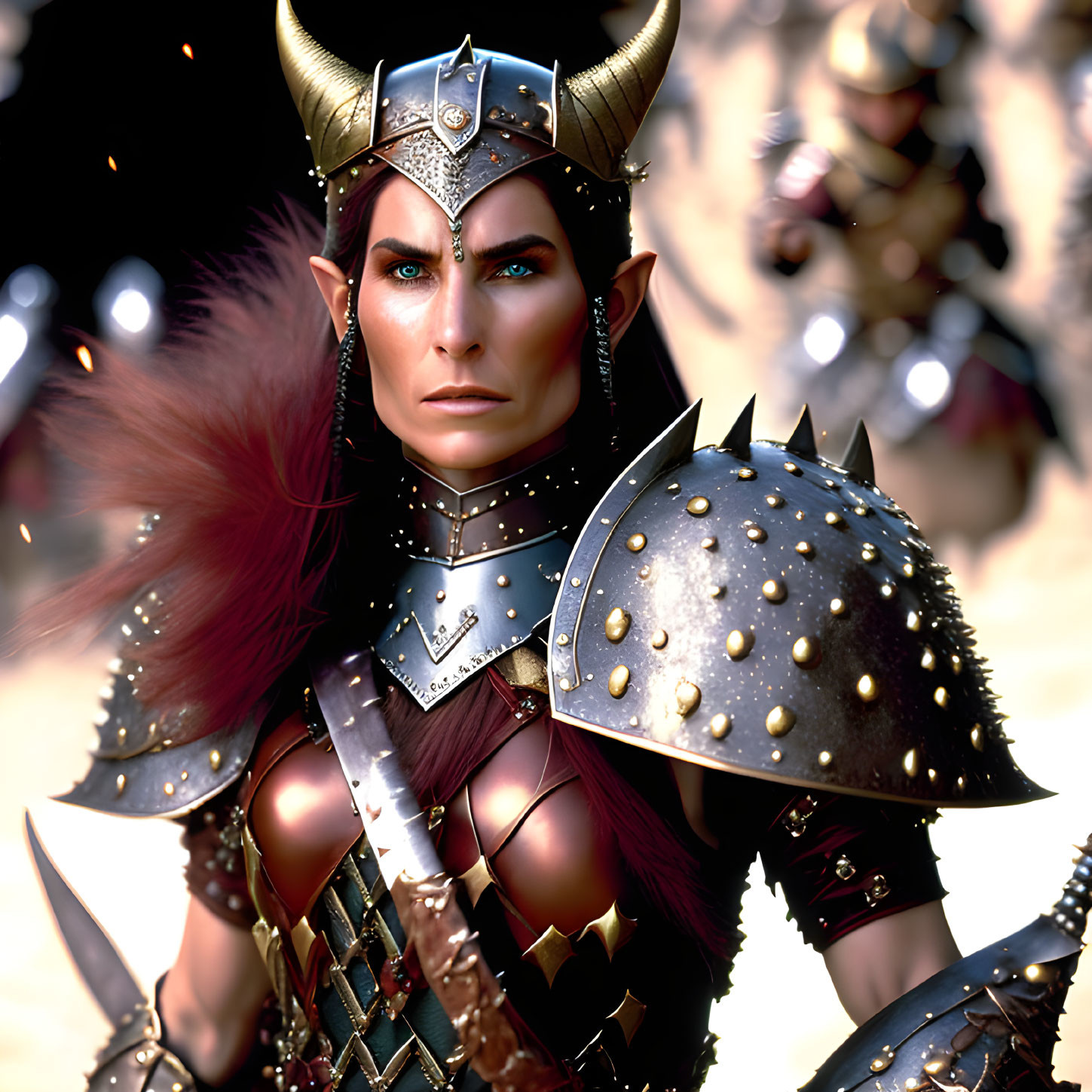 Elf warrior in horned helmet and armor, ready for battle with troops in background