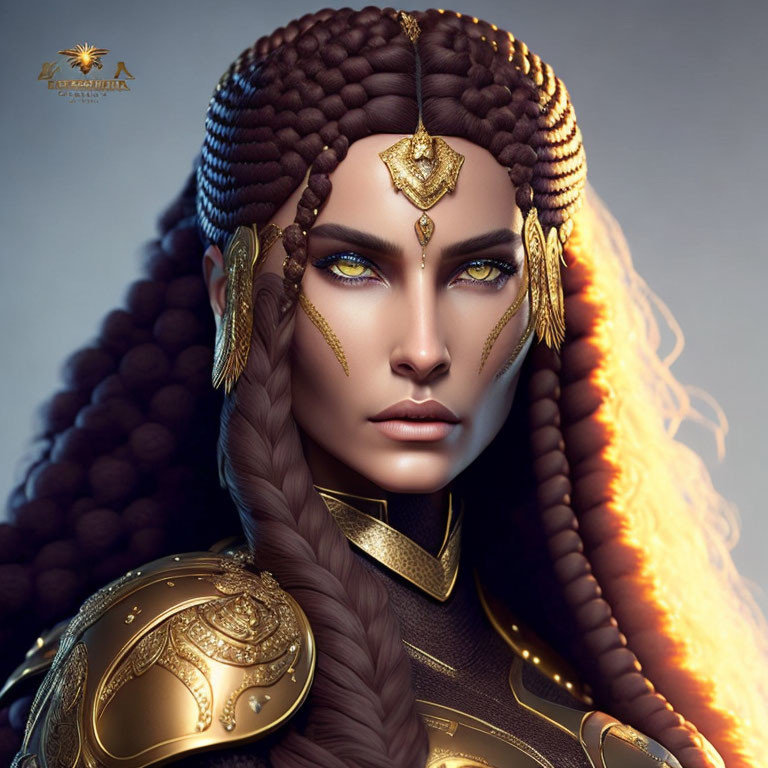 Digital artwork of woman with braided brown hair, blue eyes, gold jewelry, and regal armor