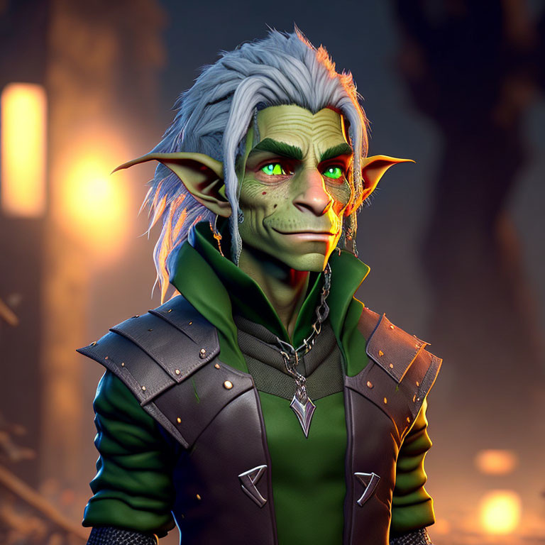 Fantasy character with green skin and pointed ears in leather outfit