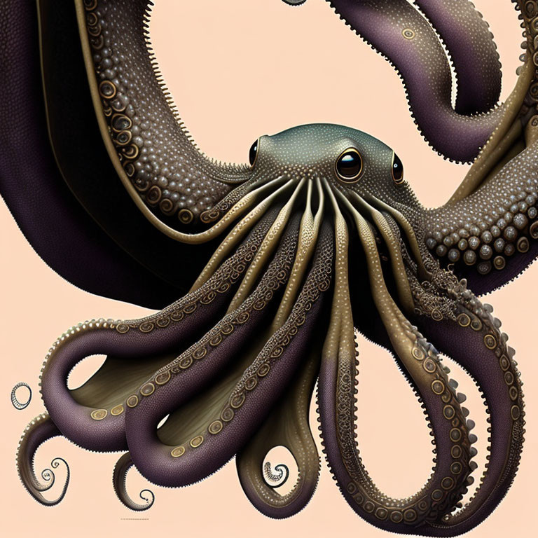Detailed Octopus Illustration with Twisting Tentacles on Tan Background