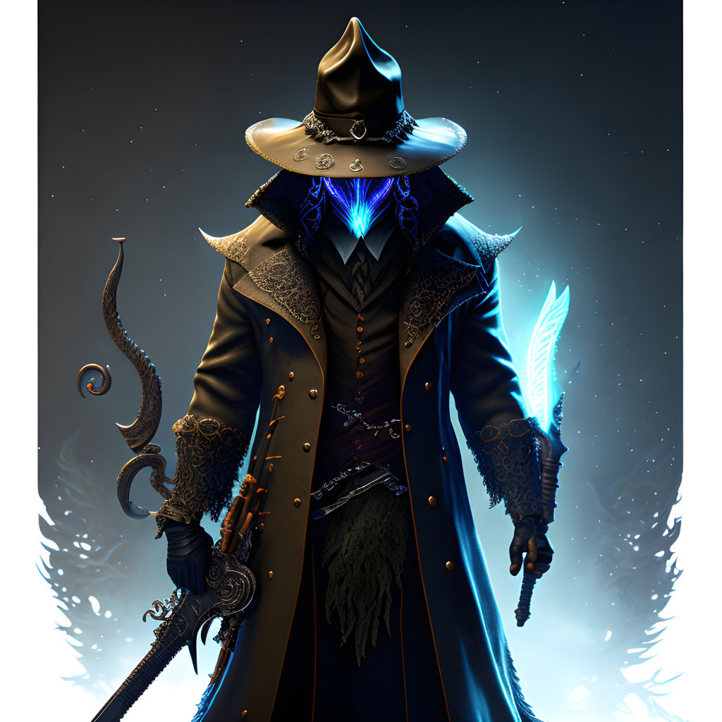 Mysterious Figure in Wide-Brimmed Hat with Magical Staff and Luminescent Quill