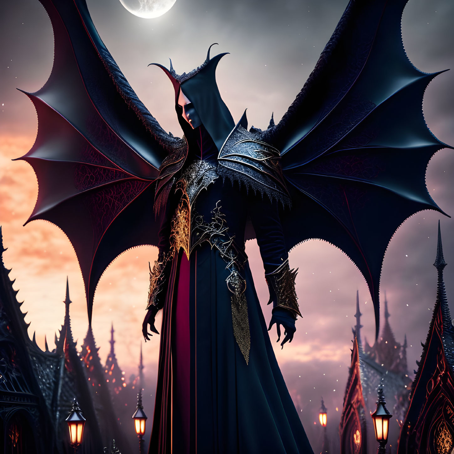 Majestic figure with large wings in dark cloak at gothic castle