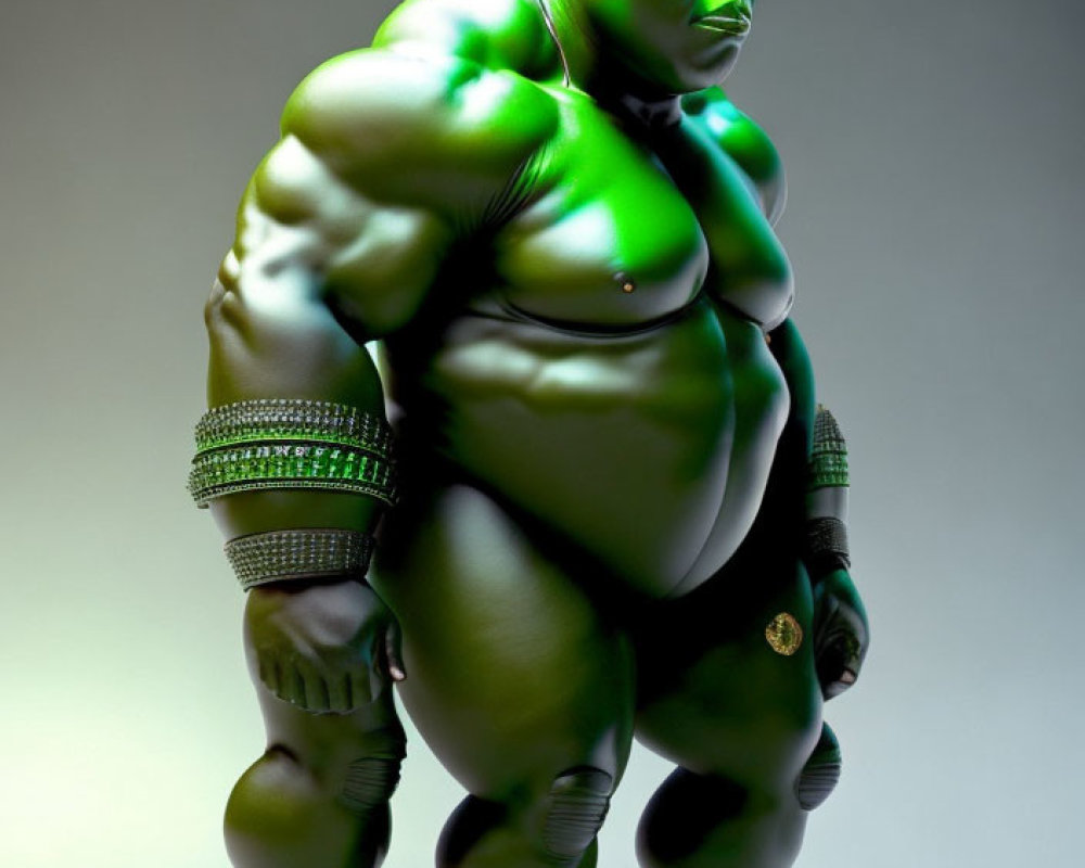 Stylized 3D Illustration of Muscular Green Figure with Gold Accessories