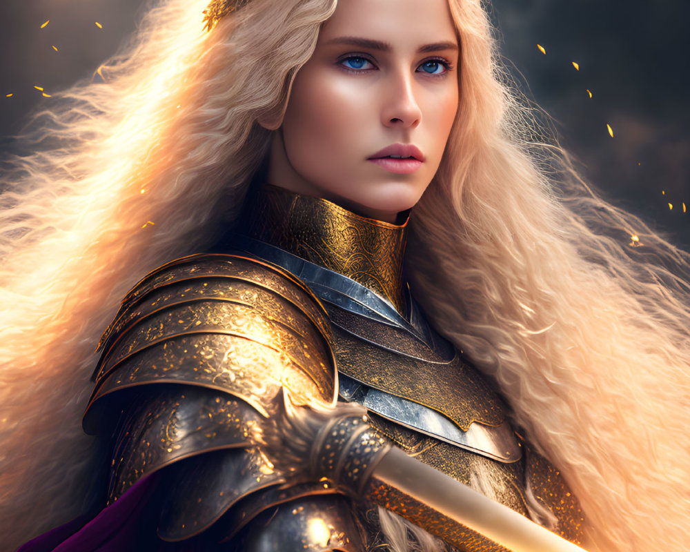 Blonde woman in golden medieval armor with sword in fiery setting
