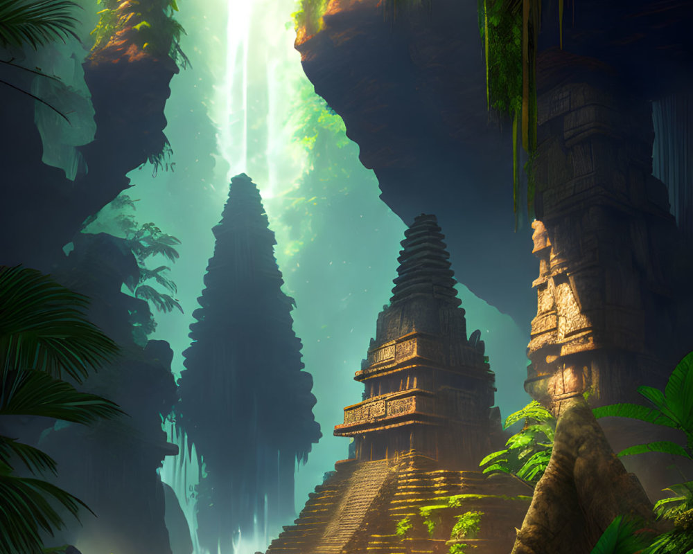 Mystical jungle with ancient temple ruins and lush vegetation