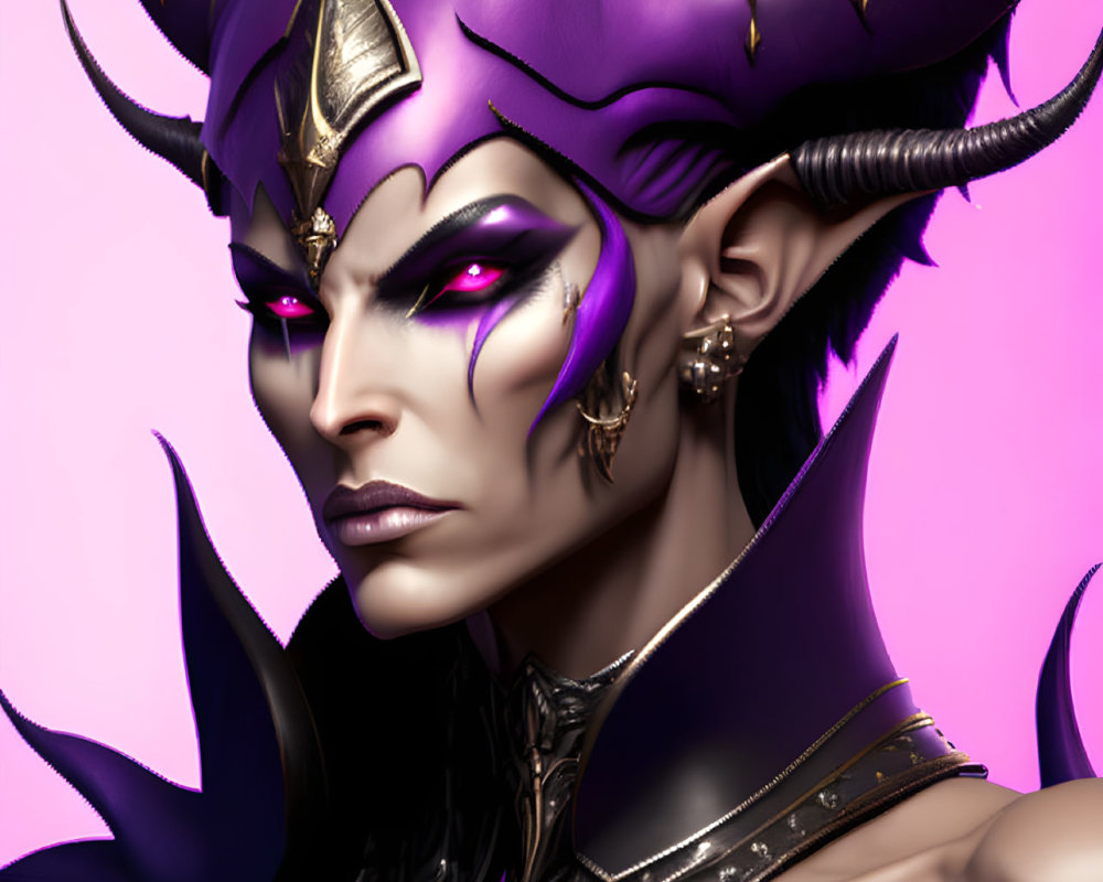 Fantasy character with purple skin, pointed ears, yellow eyes, curved horns, golden armor, and