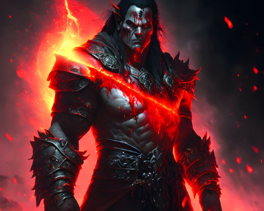 Warrior with Glowing Red Markings and Fiery Energy in Detailed Armor