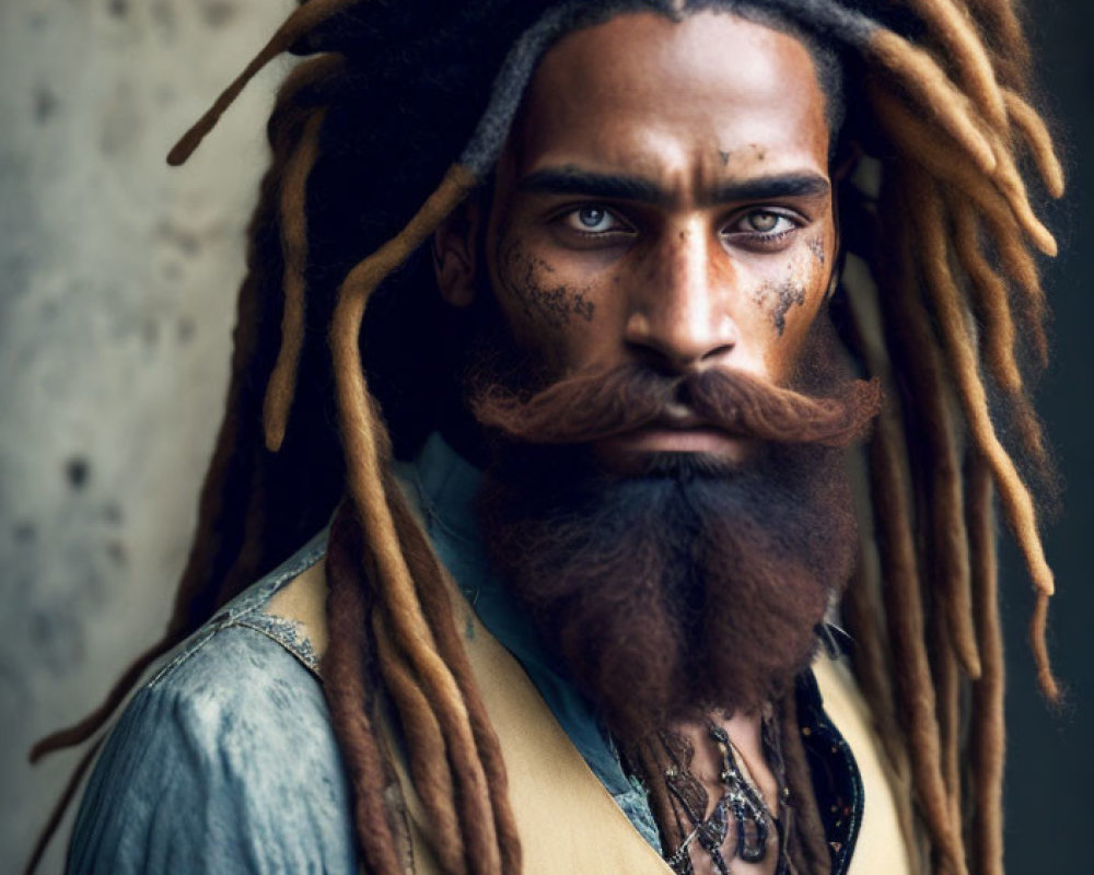 Man with long dreadlocks and tribal face paint in vintage attire.