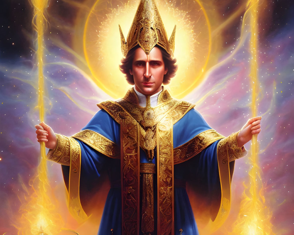 Majestic figure in blue and gold robe with scales and halo in fiery backdrop