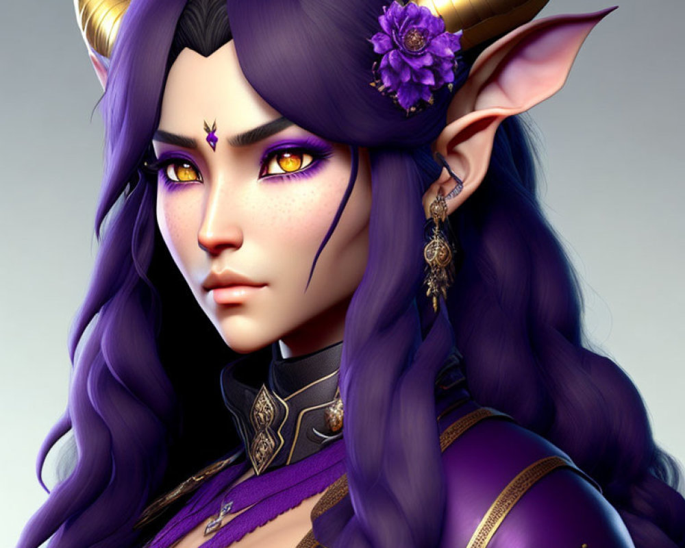 Female character with purple hair, pointed ears, horns, golden eyes, and floral accessory