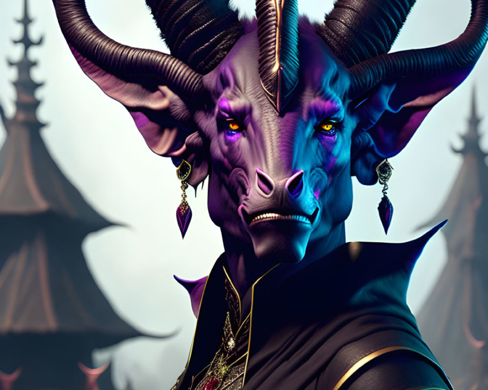 Fantasy creature portrait with horns and purple skin in ornate outfit against Asian-inspired backdrop