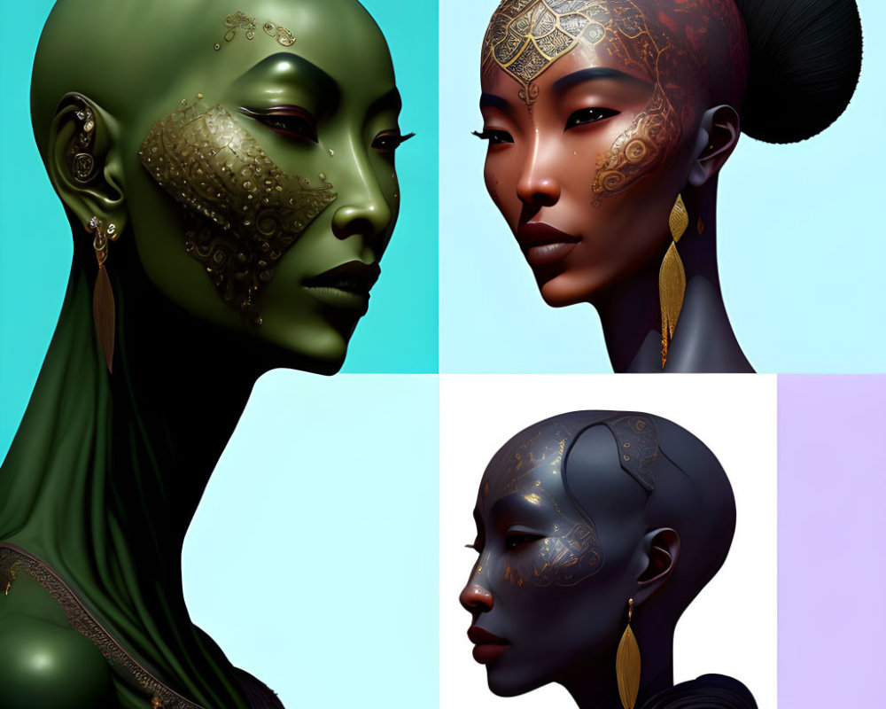 Digital Collage: Elegant Bald Female Figure with Golden Facial Tattoos