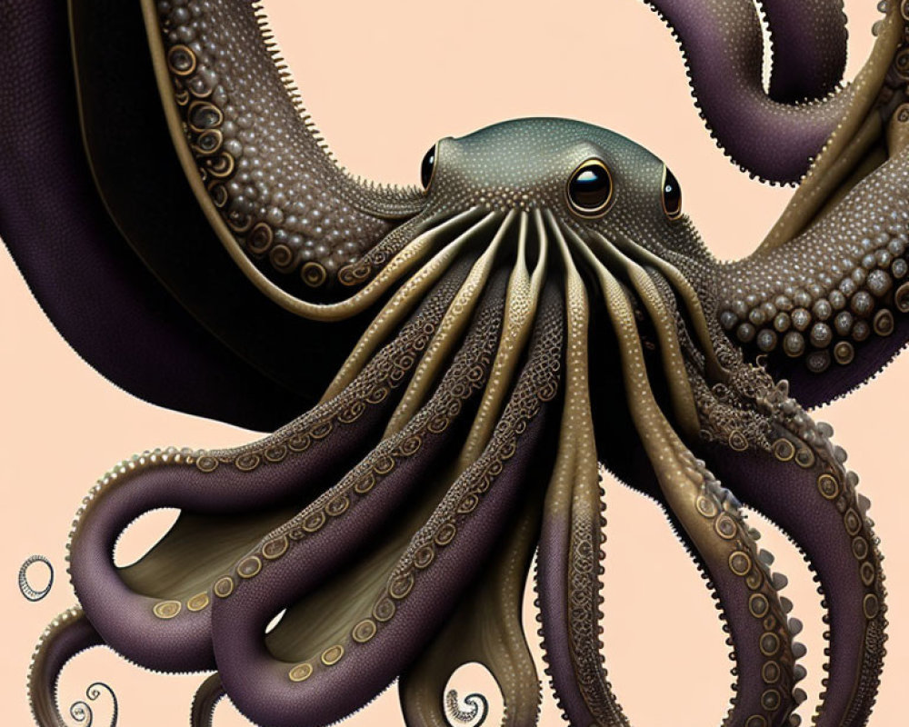 Detailed Octopus Illustration with Twisting Tentacles on Tan Background