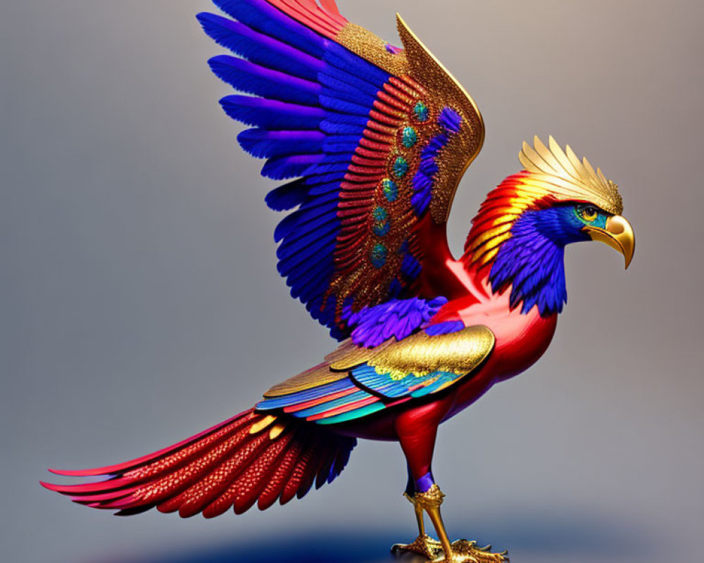 Colorful digital artwork of a vibrant eagle in red, blue, and gold plumage