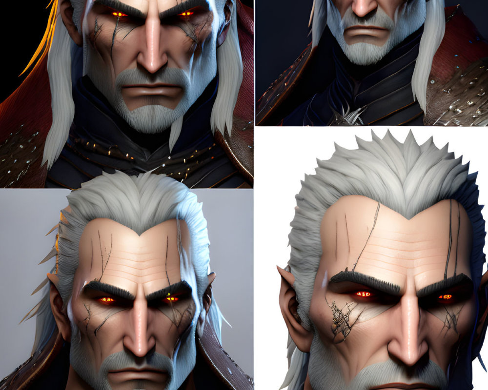 Stylized male character with white hair and scars displaying four facial expressions.