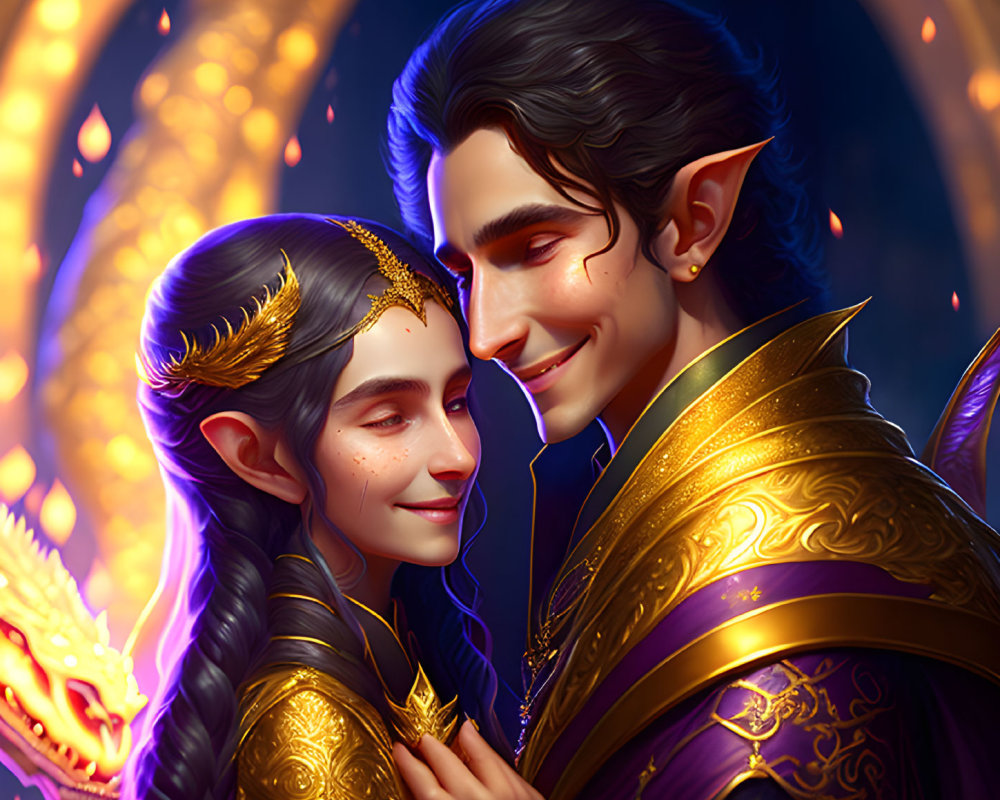 Stylized elves in gold attire embrace in magical setting