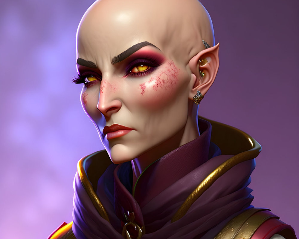 Bald Female Elf Portrait with Purple Eyeshadow