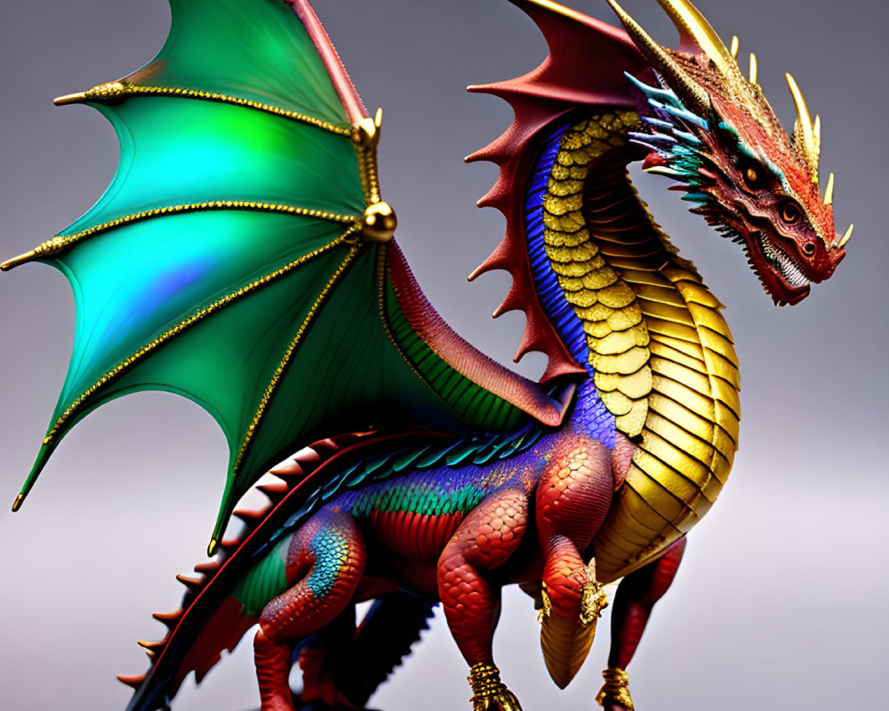 Colorful Dragon Figure with Iridescent Wings and Scales on Grey Background