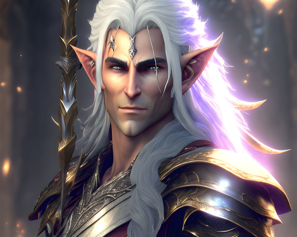 Ethereal male elf with white hair and ornate armor in mystical setting