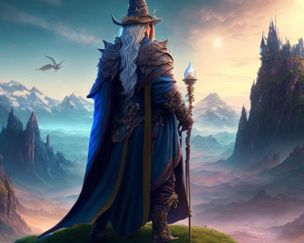 Majestic wizard in blue cloak on hill with staff, overlooking fantasy landscape