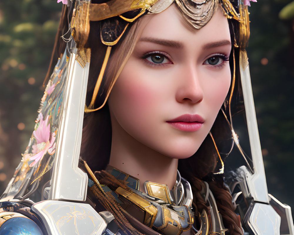 Digital artwork of woman in fantasy armor with gold accents and blue gemstones