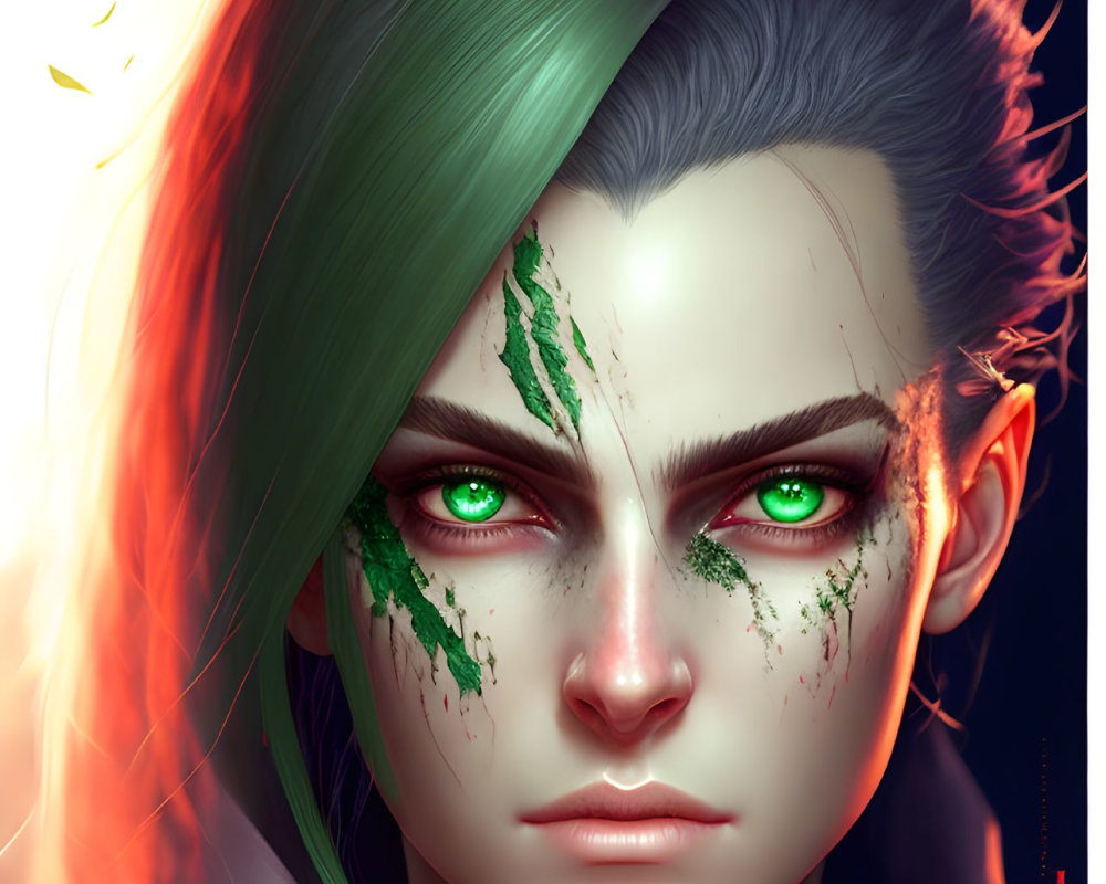Character with Green Hair and Intense Green Eyes in Digital Art