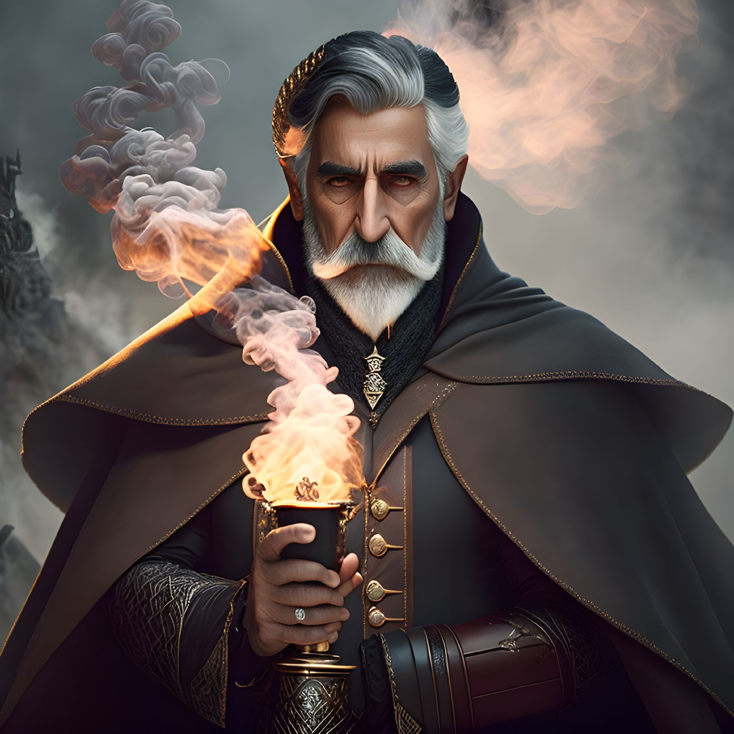 Elderly man with white beard holding mystical flame chalice in fantasy illustration